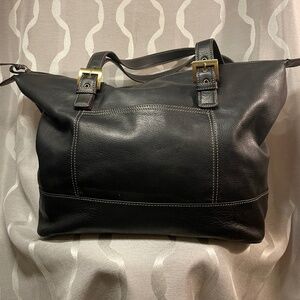 Tignanello Black Leather Shoulder Bag with Buckle Accents